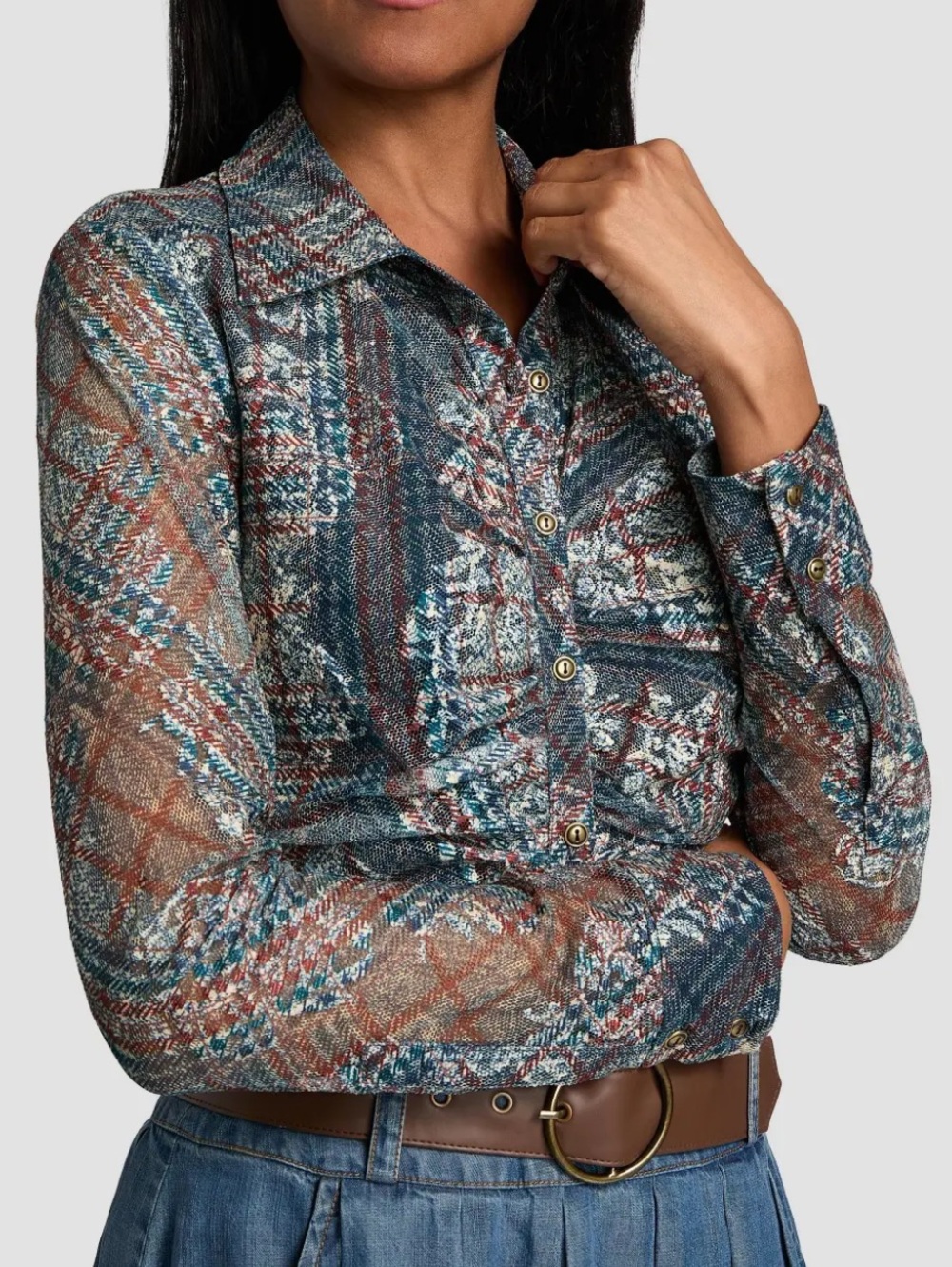 Ramy Brook Plaid Mesh Hamilton Gathered Button-Front Shirt blue brown cream XXS